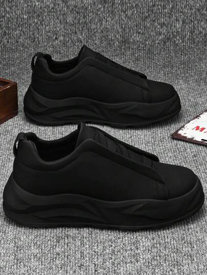 Men's Casual Athletic Shoes, Autumn/Winter New Thick Sole Non-Slip Classic Versatile White Sneakers, Youth Fashionable Round Toe Skate Shoes, Outdoor Personalized Street Casual Slip-On Loafers, Solid Color Party Leisure Travel Leather & Mesh Breathable Lightweight Flat Tourism Shoes For Men