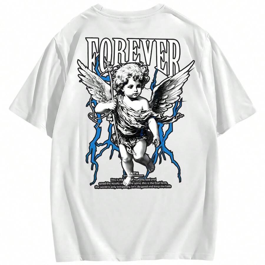 Oversized Cotton Streetwear T-Shirt Printed Angel Forever Street Style Unisex Website Launch Offer - 白色 - 查看 1