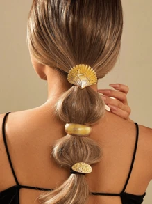 金属高端金色发圈、优雅高马尾装饰发带、弹力发绳、极简奢华金属发带和发带 - 金色 - 查看 3