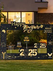 一套黑色和金色2025新年图案纸质相框装饰，适用于圣诞节、新年、生日派对拍照道具、照片装饰、家居装饰、圣诞节