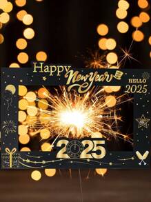 一套黑色和金色2025新年图案纸质相框装饰，适用于圣诞节、新年、生日派对拍照道具、照片装饰、家居装饰、圣诞节