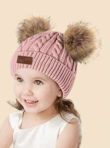 1 pieza Gorro de punto cálido de otoño/invierno para bebé de 1-3 años con dos pompones, lindo para uso diario