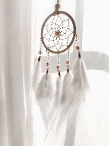 1pc Faux Pearl & Feather Dreamcatcher Decor, Mori Style Feather Wind Chime Ornament, Gifts For Girls, Birthdays, Useful As Car Decorations, Room, Home, Wedding Party Decor (Artificial Feathers),Home Decor ,Room Decor,Wall Decor Graduation
