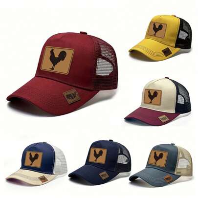 1 pieza Gorra de béisbol estilo vintage con remiendo con patrón de gallo y malla, gorra casual ajustable para hombres