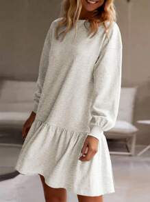 Đầm nỉ dáng rộng cổ tròn, trễ vai, tay dài thiết kế dành cho nữ - Màu Xám nhạt - Xem 2