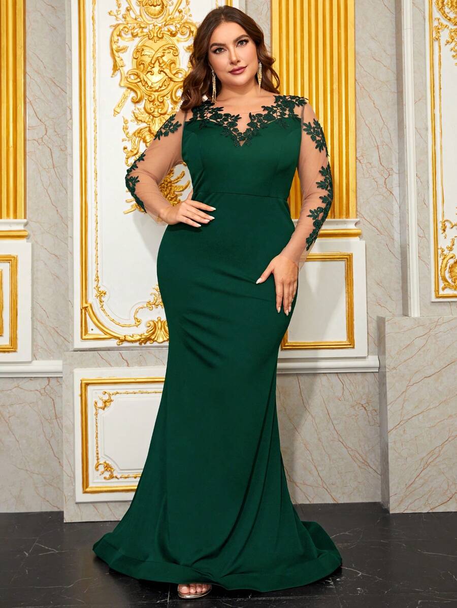 YISIKADO Plus Size Women Formal Evening Dress, Nude Lace Floral Long Sleeve Elegant Mermaid Prom Dress, Wedding Event Dress For Wedding Guest, Graduation, Dinner - Dark Green - View 1