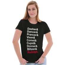 Christmas Womens Fitted Graphic Tee Shirt Xmas Festive Winter Holiday Season Santa's Reindeer Dasher Dancer Prancer Vixen Comet Cupid Donner Blitzen Rudolph Ladies Casual Slim Fit Fashion Cotton Printed Short Sleeve Crewneck Tshirt Brisco Brands