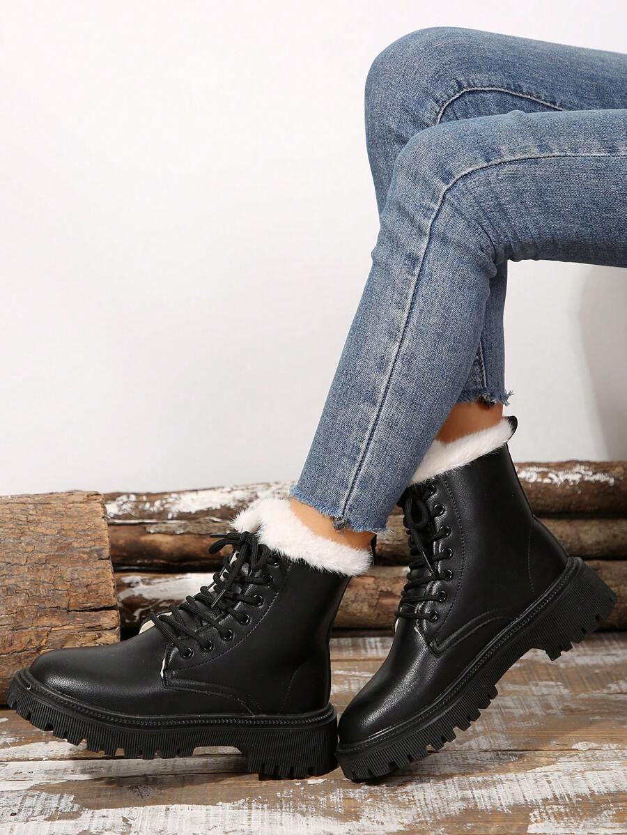 女士毛绒衬里战斗靴，纯色带荷叶边饰边，冬季保暖户外踝靴，户外保暖雪地靴 - 黑色 - 查看 1