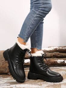 女士毛绒衬里战斗靴，纯色带荷叶边饰边，冬季保暖户外踝靴，户外保暖雪地靴 - 黑色 - 查看 6