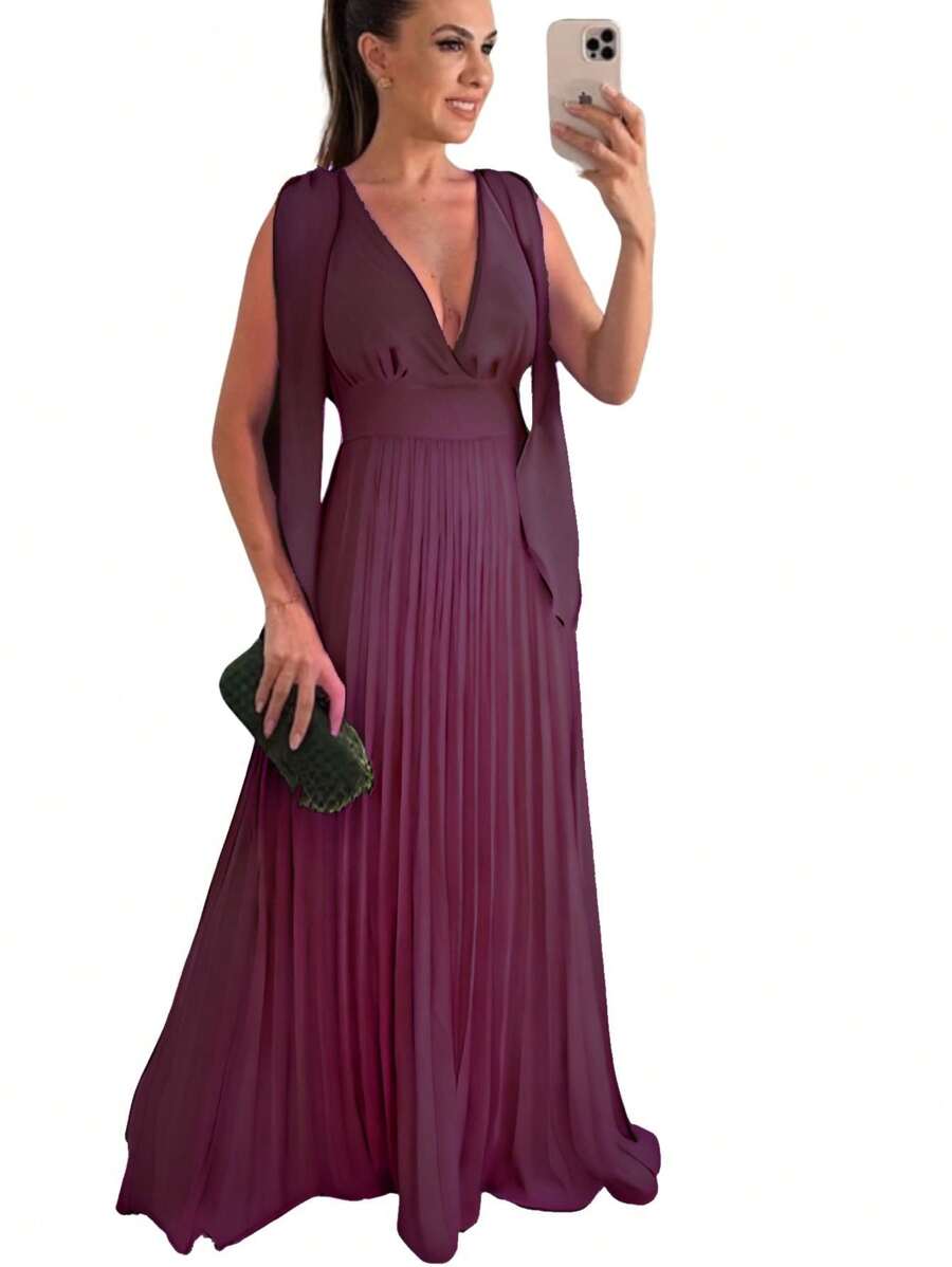Long Pleated Dress V-Neckline Bridesmaid Dress For Wedding Graduation And Parties - 紫紅色 - 查看 1