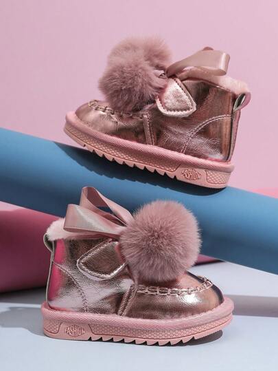 A Pair Of Girl's Children's Boots, Girls' Leather With Plush Insulation, Little Girls' Ankle Boots, Winter Student Snow Boots