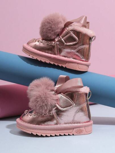 A Pair Of Girl's Children's Boots, Girls' Leather With Plush Insulation, Little Girls' Ankle Boots, Winter Student Snow Boots
