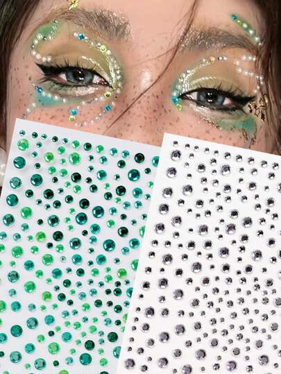 2片/包 多色水钻3D闪亮银白混合绿色星光透明水晶水钻贴纸，适用于眼角/指甲/面部装饰，适用于音乐节、嘉年华、情人节、Y2K风格派对、日常装饰、化妆派对、舞会，也可用于头发、眼睛、面部、身体装饰。