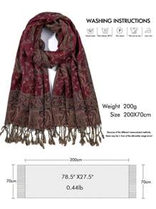 1条女士围巾，波西米亚风流苏头巾，时尚复古佩斯利花纹发带，休闲优雅防晒围巾披肩，适合日常佩戴和节日送礼 - 棗紅 - 查看 5