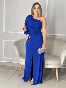 Long Dress With Sleeves For Bridesmaid Wedding Graduation Light Party - Xanh đậm - Xem 2