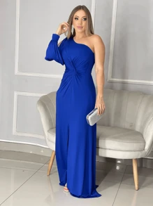 Long Dress With Sleeves For Bridesmaid Wedding Graduation Light Party - Xanh đậm - Xem 1