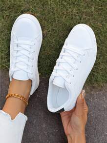 女士时尚简约平底休闲鞋，系带舒适低帮运动鞋，适合日常穿着和户外散步 - 白色 - 查看 1