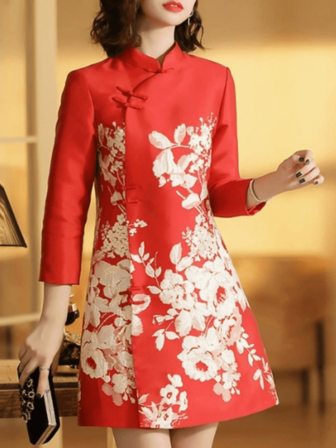 Women's Floral Print Button Design Elegant Cheongsam