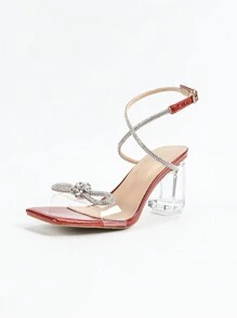 女士时尚红色水晶蝴蝶结装饰透明粗高跟踝带凉鞋，夏季迷人百搭派对鞋