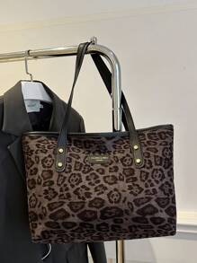 1 件咖啡色拉链豹纹大容量简约百搭铆钉女式手提包，豹纹猎豹包，豹纹回归，动物印花女包