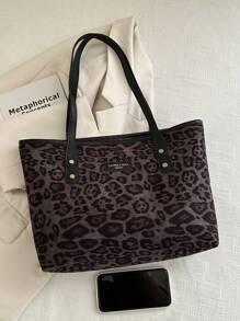 1 件咖啡色拉链豹纹大容量简约百搭铆钉女式手提包，豹纹猎豹包，豹纹回归，动物印花女包