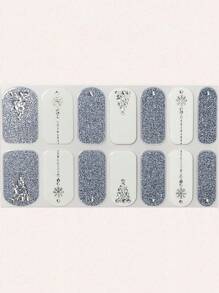 Japanese Style Almond Nail Art Stickers, Minimalist Floral & Tree Design, DIY Nail Decals With 3D Rhinestones, Light Blue & Silver Glitter Nail Appliques - Multicolor - View 3