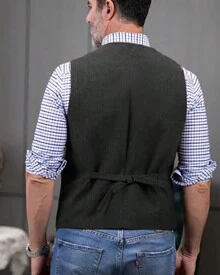 Men's Vest Herringbone Wool Tweed Retro Waistcoat Notched Lapel For Wedding Groomsmen Casual Business Suit Vest - 黑色 - 查看 3