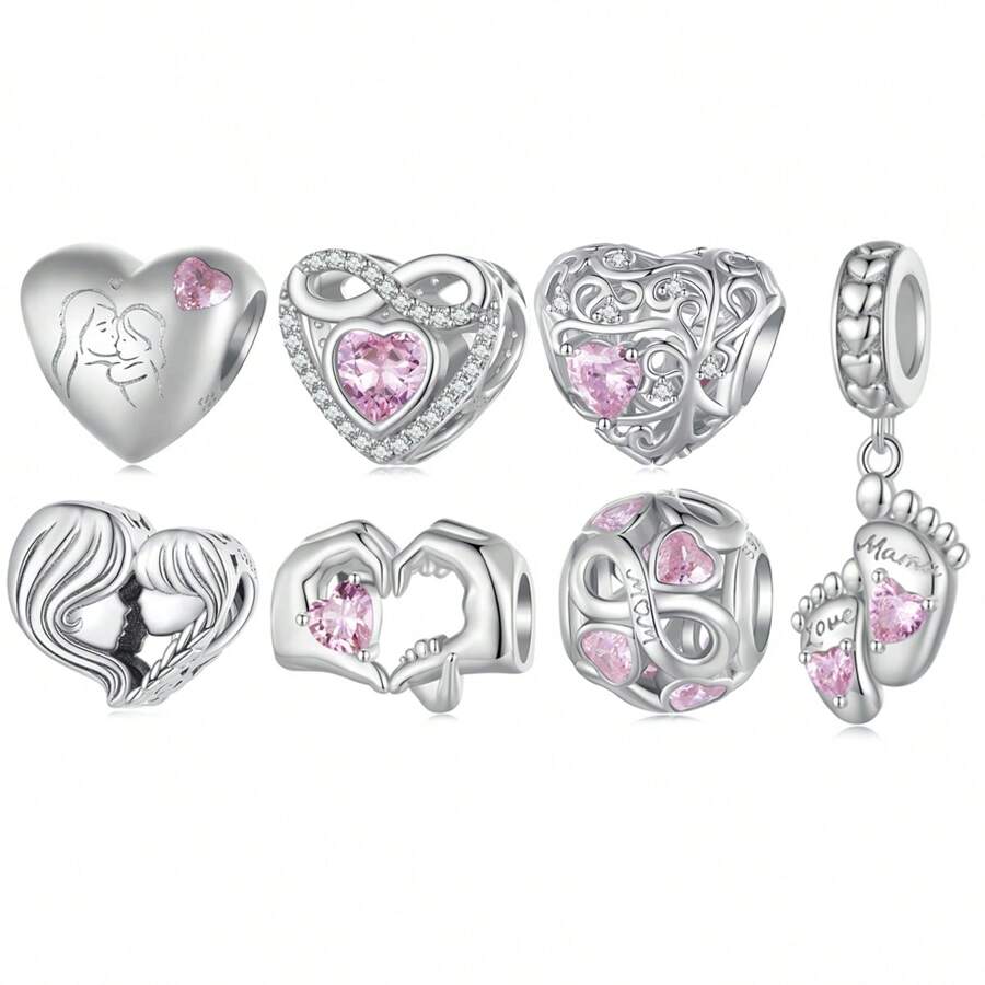 bamoer 1 件 925 纯银婴儿脚印吊坠饰品母亲永恒之心珠子女士手链项链母亲节礼物 - 銀色 - 查看 1