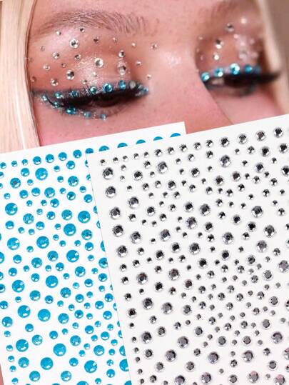 2pcs 3D Shiny Silver-White & Sky Blue Starry Crystal Rhinestone Face Gems, Suitable For Eyes, Nails, Face Decoration, DIY Music Festival, Carnival, Valentine's Day, Y2K Party, Daily Decoration, Makeup Party, Ball