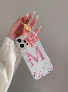 1 Set TPU Phone Case With UV Printed Flower & Letter M Pattern + Letter M Gold Metal Butterfly & Tassel Keychain, Compatible With Apple, , Phones