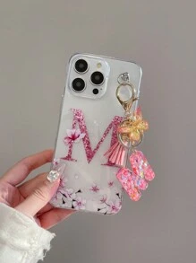 1 Set TPU Phone Case With UV Printed Flower & Letter M Pattern + Letter M Gold Metal Butterfly & Tassel Keychain, Compatible With Apple, , Phones