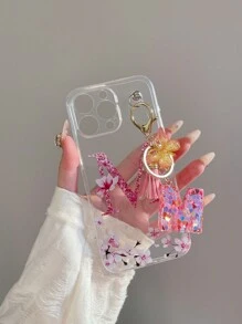 1 Set TPU Phone Case With UV Printed Flower & Letter M Pattern + Letter M Gold Metal Butterfly & Tassel Keychain, Compatible With Apple, , Phones