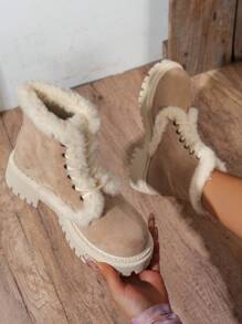 女士时尚休闲厚实保暖米色靴子雪地靴女士时尚百搭仿麂皮绒新款柔软舒适春秋冬米色白色黑色系带绒靴踝靴摩托靴，时尚搭配夹克 - 米色 - 查看 2