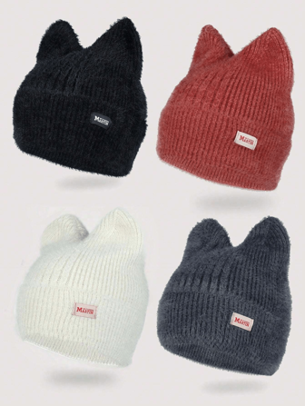 1 件女士 Y2k 小猫耳朵毛绒针织帽，适合秋冬季保暖日常佩戴针织帽