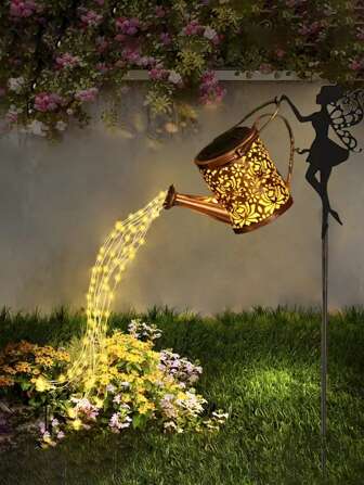 1pc/2pcs Solar Powered Fairy Watering Can String Lights, Outdoor Polished Metal Battery Powered Garden Decor, Solar Waterfall Lights, 36 LED Beads, Light Sensor Control, No Remote Control