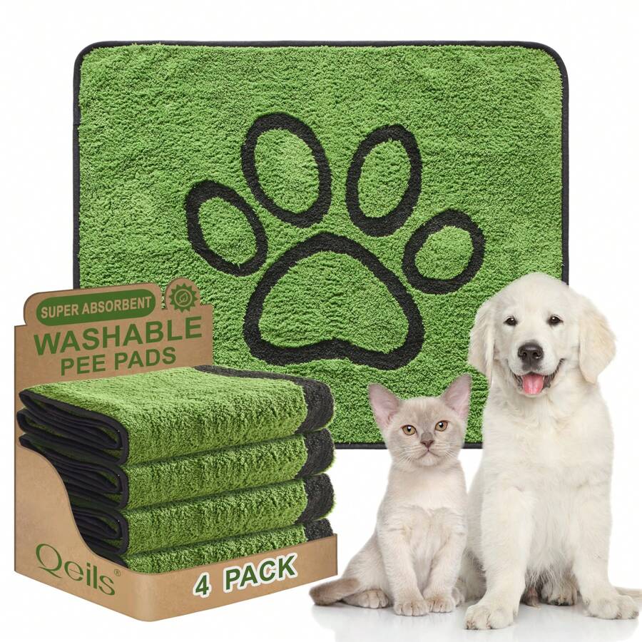 Qeils Washable Pee Pads For Dogs, 4 Pack Super Absorbent Reusable Puppy Pads With Green Long Wool For Potty Training, Floor, Couch, Bed, And Crate - 法蘭絨綠色 - 查看 1