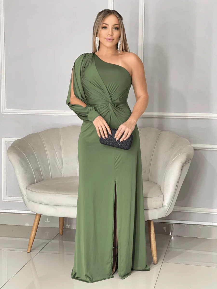 Long Dress With Sleeves For Bridesmaid Wedding Graduation Light Party - Army Green - View 1