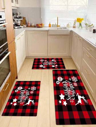 1pc Modern Christmas Red Plaid Reindeer Gift Print Pattern Doormat, Simple Home Use Bedroom Hallway Non-Slip Absorbent Floor Mat Carpet
