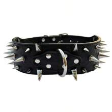 尖刺狗项圈 - 时尚皮革狗项圈 - 2 英寸宽，适合中型和大型犬 - 例如斗牛犬獒犬 - 黑色铆钉和黑色皮革，24 英寸 - 黑色 - 查看 13