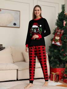 2pcs Women Christmas Pajama Set - Long Sleeve Top Printed With Santa Hat, Shoes, Letter Pattern And Plaid Pants