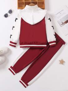 2 pièces/Set Style décontracté universitaire pour filles, veste à capuche et pantalon assortis avec imprimé étoile et lettre, blocs de couleurs. Tissu léger convenant pour le printemps et l'automne - Rouge foncé - Voir 8