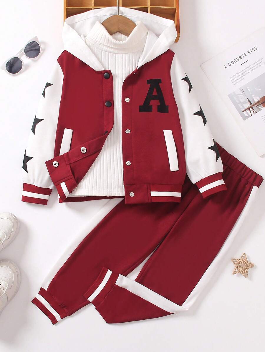 2 pièces/Set Style décontracté universitaire pour filles, veste à capuche et pantalon assortis avec imprimé étoile et lettre, blocs de couleurs. Tissu léger convenant pour le printemps et l'automne - Rouge foncé - Voir 1