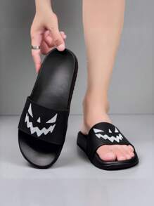 男士简约万圣节恶魔笑脸印花休闲日常穿着防滑防水速干抗皱透气拖鞋 - 白惡魔 - 查看 1