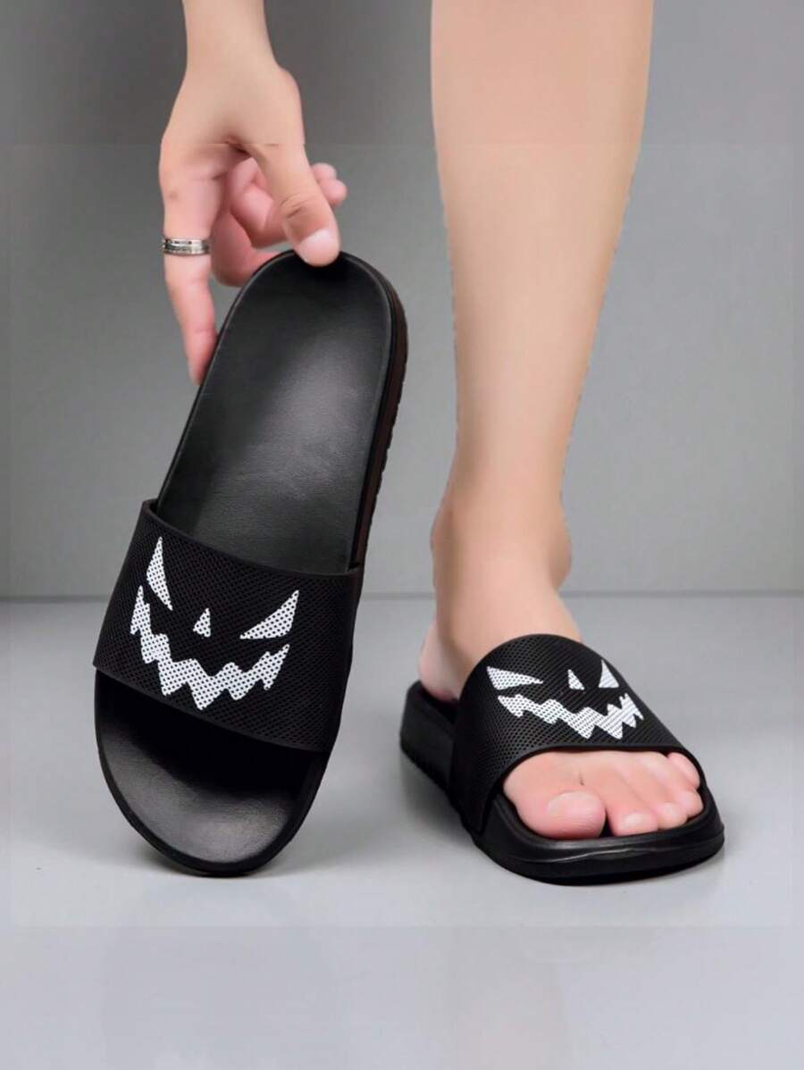 男士简约万圣节恶魔笑脸印花休闲日常穿着防滑防水速干抗皱透气拖鞋 - 白惡魔 - 查看 1