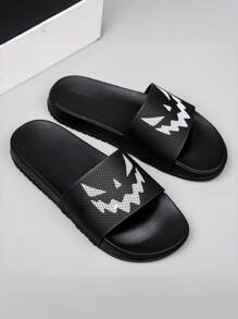 男士简约万圣节恶魔笑脸印花休闲日常穿着防滑防水速干抗皱透气拖鞋 - 白惡魔 - 查看 3