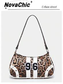 1 件时尚复古学院风人造皮革撞色数字装饰女士单肩包，个性化、多功能、街头、运动、甜美酷炫女孩、Y2K、格子、学院风、学校、约会、约会之夜、青少年 - 棕色 - 查看 1