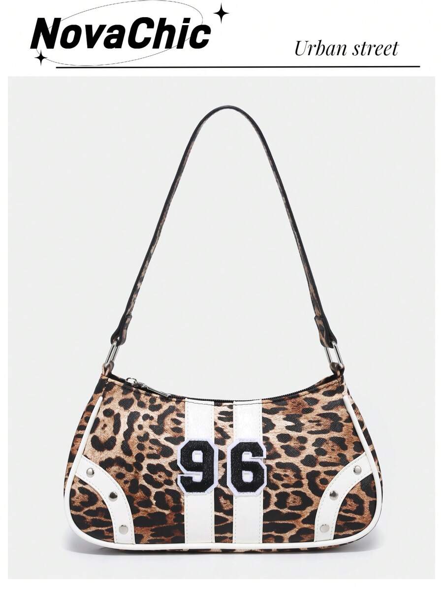 1 件时尚复古学院风人造皮革撞色数字装饰女士单肩包，个性化、多功能、街头、运动、甜美酷炫女孩、Y2K、格子、学院风、学校、约会、约会之夜、青少年 - 棕色 - 查看 1