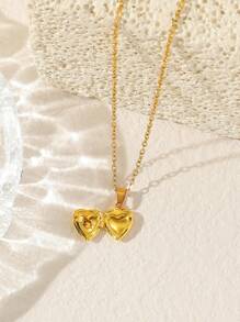 1 件时尚简约诞生石心形小盒吊坠项链不锈钢链心形吊坠项链纪念品相框吊坠情人节礼物 - heart locket necklace - 查看 2