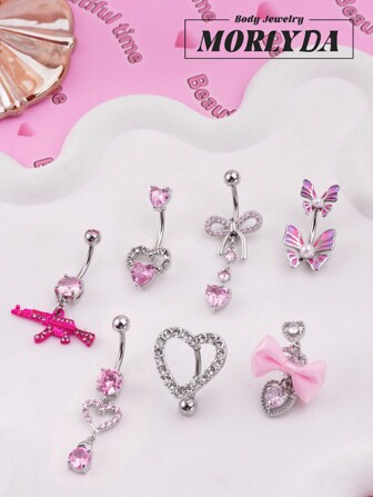 Morlyda Set de 5 piezas: Anillos de ombligo con forma de corazón rosado y moño, anillos de ombligo de acero inoxidable con cristal de circonita en forma de mariposa, joyería de piercing de ombligo para chicas y mujeres, regalo de San Valentín