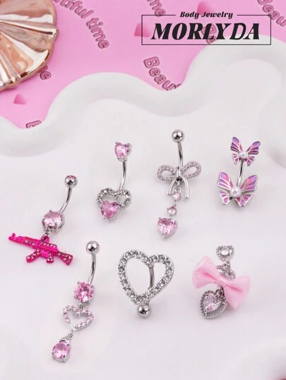 Morlyda Set de 5 piezas: Anillos de ombligo con forma de corazón rosado y moño, anillos de ombligo de acero inoxidable con cristal de circonita en forma de mariposa, joyería de piercing de ombligo para chicas y mujeres, regalo de San Valentín